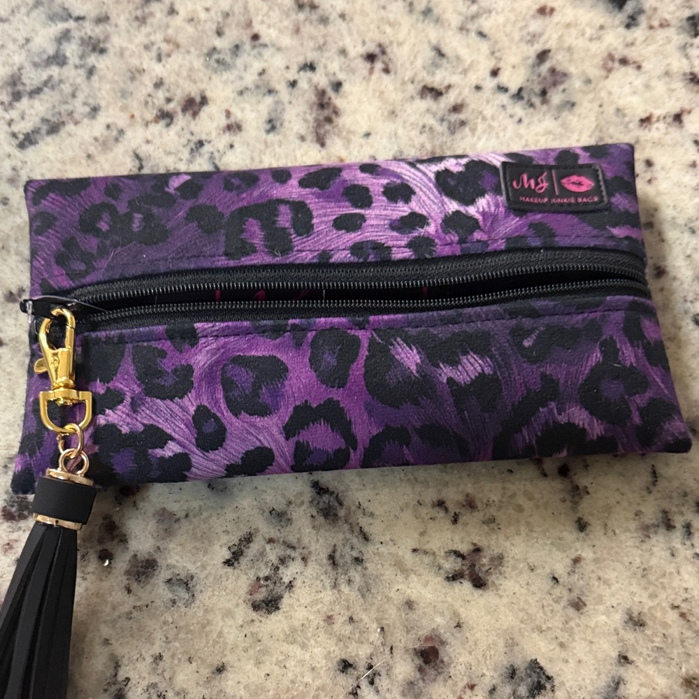 Makeup Junkie Purple Leopard Print Pouch with Tassel